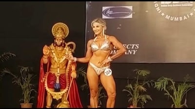 Women bodybuilders posing at a bodybuilding competition organised by BJP. Women bodybuilders posing at a bodybuilding competition organised by BJP.