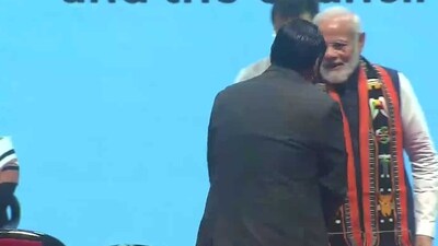 PM Modi, Union Home Minister Amit Shah and Nagaland Governor La Ganesan, BJP President JP Nadda and Assam CM Himanta Biswa Sarma witness the oath-taking ceremony in Kohima. (Twitter/@ANI) PM Modi, Union Home Minister Amit Shah and Nagaland Governor La Ganesan, BJP President JP Nadda and Assam CM Himanta Biswa Sarma witness the oath-taking ceremony in Kohima. (Twitter/@ANI)