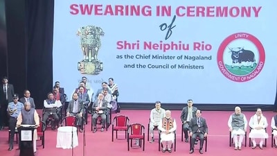 PM Modi, Union Home Minister Amit Shah and Nagaland Governor La Ganesan, BJP President JP Nadda and Assam CM Himanta Biswa Sarma witness the oath-taking ceremony in Kohima. (Twitter/@ANI) PM Modi, Union Home Minister Amit Shah and Nagaland Governor La Ganesan, BJP President JP Nadda and Assam CM Himanta Biswa Sarma witness the oath-taking ceremony in Kohima. (Twitter/@ANI)