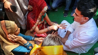 Wives of martyrs of the Pulwama Attack meet senior Congress leader Sachin Pilot at his residence, in Jaipur, Monday, (PTI) Wives of martyrs of the Pulwama Attack meet senior Congress leader Sachin Pilot at his residence, in Jaipur, Monday, (PTI)