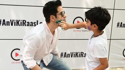 Tusshar Kapoor celebrated Holi with his six-year-old son Laksshya Kapoor. The father-son duo were spotted at Ankita Lokhande and Vicky Jain's Holi bash in Mumbai on Tuesday. (Varinder Chawla) 