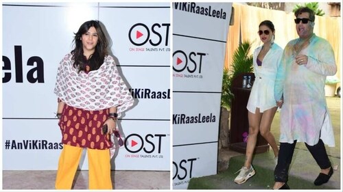 Ekta Kapoor; Priyanka Chahar Chaudhary and Rajiv Adatia at the party.