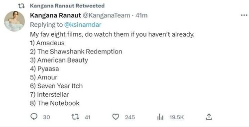 Kangana Ranaut shared a list on Twitter. Kangana Ranaut shared a list on Twitter.