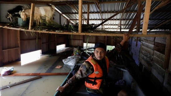 Saifulamri Tumiran, a volunteer, leaves a house after feeding goats trapped on the ceiling of the house. The Meteorological Department has said the country was experiencing its sixth episode of continuous heavy rain from the annual monsoon season that started in November last year. In December, tens of thousands of people were also evacuated due to flooding, reported AP.&nbsp;(Hasnoor Hussain / Reuters)