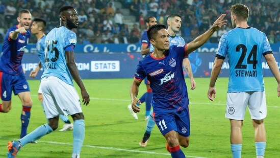 Sunil Chhetri celebrates a goal during the first semi final - leg 1 of the Indian Super League 2022 played between Mumbai City FC and Bengaluru FC, at the Mumbai Football Arena, in Mumbai (PTI)
