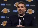 Former Los Angeles Lakers Pau Gasol #16 speaks to the media during a press conference before his jersey retirement ceremony taking place at halftime in the game between the Memphis Grizzlies and the Los Angeles Lakers at Crypto.com Arena. Former Los Angeles Lakers Pau Gasol #16 speaks to the media during a press conference before his jersey retirement ceremony taking place at halftime in the game between the Memphis Grizzlies and the Los Angeles Lakers at Crypto.com Arena.