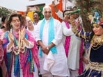 US secertary of commerce Gina Raimondo celebrating Holi at defence minister Rajnath Singh's New Delhi residence. US secertary of commerce Gina Raimondo celebrating Holi at defence minister Rajnath Singh's New Delhi residence.