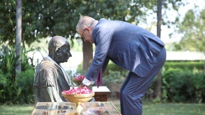Albanese visited the Sabarmati Ashram - a place closely associated with Mahatma Gandhi - after landing. (Hindustan Times) Albanese visited the Sabarmati Ashram - a place closely associated with Mahatma Gandhi - after landing. (Hindustan Times)