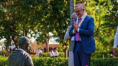 “A true privilege to pay homage to Gandhi's legacy at Sabarmati Ashram in Ahmedabad,” the Australian PM tweeted. (Twitter) “A true privilege to pay homage to Gandhi's legacy at Sabarmati Ashram in Ahmedabad,” the Australian PM tweeted. (Twitter)