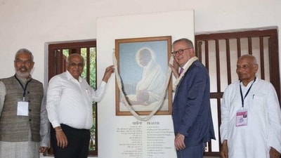 Australian PM along with Gujarat CM Bhupendra Patel at Sabarmati Ashram. (Hindustan Times) Australian PM along with Gujarat CM Bhupendra Patel at Sabarmati Ashram. (Hindustan Times)