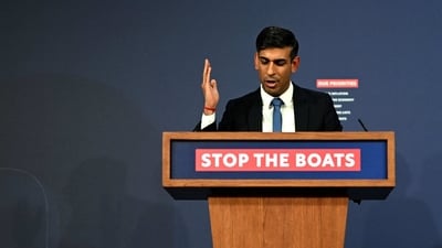 Britain's Prime Minister Rishi Sunak speaks during a press conference in the Downing Street Briefing Room in central London, following the announcement of the on the Illegal Migration Bill. (AFP) Britain's Prime Minister Rishi Sunak speaks during a press conference in the Downing Street Briefing Room in central London, following the announcement of the on the Illegal Migration Bill. (AFP)