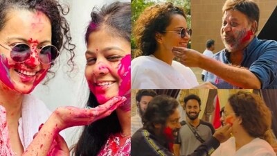 Kangana Ranaut was seen celebrating Holi on the sets of Chandramukhi 2. Kangana Ranaut was seen celebrating Holi on the sets of Chandramukhi 2.