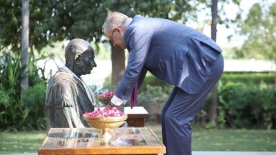 Australian Prime Minister Anthony Albanese visited the Sabarmati Ashram - a place closely associated with Mahatma Gandhi - after arriving in Ahmedabad on his first India visit (HT)