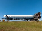 Relativity Space's 3D-printed rocket Terran 1 sits is rolled out to the launch pad at the Cape Canaveral Air Force Station in this December 7, 2022 photograph released ahead of its scheduled launch in Cape Canaveral, Florida, March 8, 2023.