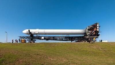 Relativity Space's 3D-printed rocket Terran 1 sits is rolled out to the launch pad at the Cape Canaveral Air Force Station in this December 7, 2022 photograph released ahead of its scheduled launch in Cape Canaveral, Florida, March 8, 2023. (REUTERS)