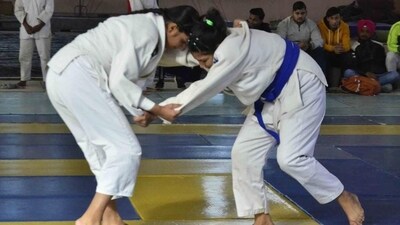 Players in action during a judo bout at the Inter-District Judo championship in Ludhiana. (HT PHOTO) Players in action during a judo bout at the Inter-District Judo championship in Ludhiana. (HT PHOTO)
