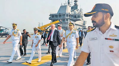 Australian Prime Minister Anthony Albanese aboard INS Vikrant off the Mumbai coast on Thursday. (ANI)