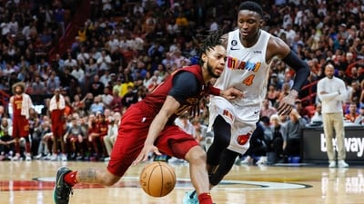 Cleveland Cavaliers guard Darius Garland (10) drives to the basket as Miami Heat guard Victor Oladipo (4) defends during the fourth quarter at Miami-Dade Arena. (USA TODAY Sports)