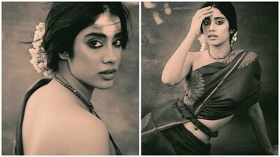 Janhvi Kapoor ditched all fancy outfits to recreate something really beautiful and meaningful through her photo shoot. Paying her tribute to retro women, the Gunjan Saxena actor draped a floral saree in the old classic way and paired it with minimal accessories. (Instagram/@janhvikapoor) Janhvi Kapoor ditched all fancy outfits to recreate something really beautiful and meaningful through her photo shoot. Paying her tribute to retro women, the Gunjan Saxena actor draped a floral saree in the old classic way and paired it with minimal accessories. (Instagram/@janhvikapoor)