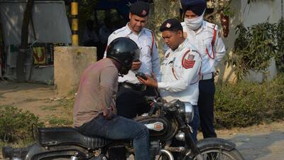 Delhi traffic police personnel check for drink driving on Wednesday, the day of Holi. (HT Photo)