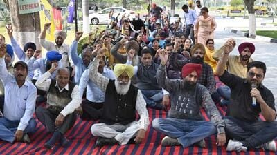 Employees staging a protest at the GADVASU campus. (Gurpreet Singh/HT)