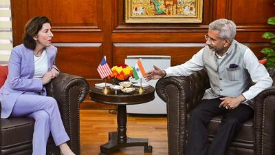 External affairs minister S Jaishankar meets US Secretary of Commerce Gina Raimondo in New Delhi on Thursday. (PTI/Twitter/DrSJaishankar)