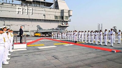 Australian Prime Minister Anthony Albanese receives a guard of honour onboard INS Vikrant off the Mumbai coast, (PTI) Australian Prime Minister Anthony Albanese receives a guard of honour onboard INS Vikrant off the Mumbai coast, (PTI)