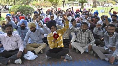Protesting contractual non-teaching employees raising slogan at PAU. (Gurpreet Singh/HT)