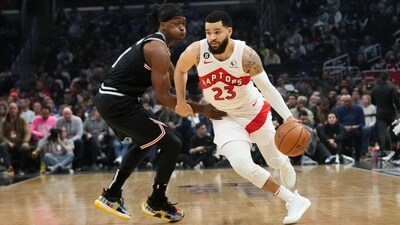 Toronto Raptors' Fred VanVleet (23) drives past Los Angeles Clippers' Terance Mann (14) during first half of an NBA basketball game Wednesday. (AP)