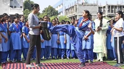 Students of the PAU Government School, Ludhiana, being trained in Krav Maga during a special session. (Gurpreet Singh/HT) Students of the PAU Government School, Ludhiana, being trained in Krav Maga during a special session. (Gurpreet Singh/HT)
