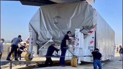 The science payload of two radar systems, one built by NASA and the other by ISRO, were flown by a C-17 heavy lift aircraft of the US Air Force from NASA’s Jet Propulsion Laboratory (JPL) in California to ISRO’s UR Rao Satellite Centre in Bengaluru. (Twitter/U.S. Consulate General Chennai) The science payload of two radar systems, one built by NASA and the other by ISRO, were flown by a C-17 heavy lift aircraft of the US Air Force from NASA’s Jet Propulsion Laboratory (JPL) in California to ISRO’s UR Rao Satellite Centre in Bengaluru. (Twitter/U.S. Consulate General Chennai)