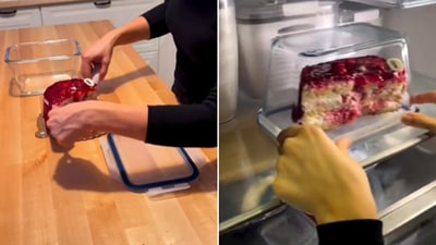 The image, taken from the viral hack video, shows a person storing a cake. (Twitter/@AramVartian) The image, taken from the viral hack video, shows a person storing a cake. (Twitter/@AramVartian)