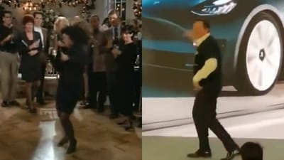 The image, taken from the edited video, shows Elaine Benes (left) and Elon Musk (right) dancing. (Twitter/@weisselbergers) The image, taken from the edited video, shows Elaine Benes (left) and Elon Musk (right) dancing. (Twitter/@weisselbergers)