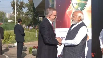 Prime Minister Narendra Modi receiving his Australian counterpart Anthony Albanese in Ahmedabad’s Narendra Modi Stadium on Thursday. (ANI)