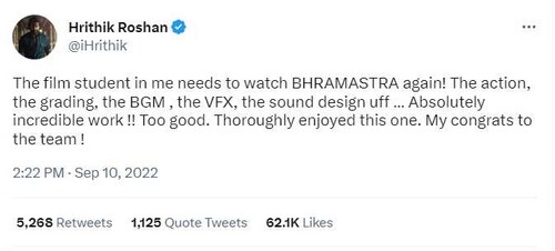 Hrithik Roshan reviews Brahmastra. Hrithik Roshan reviews Brahmastra.