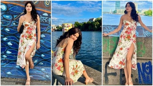Janhvi Kapoor chills in a pretty thigh-high floral printed dress. (Instagram) Janhvi Kapoor chills in a pretty thigh-high floral printed dress. (Instagram)