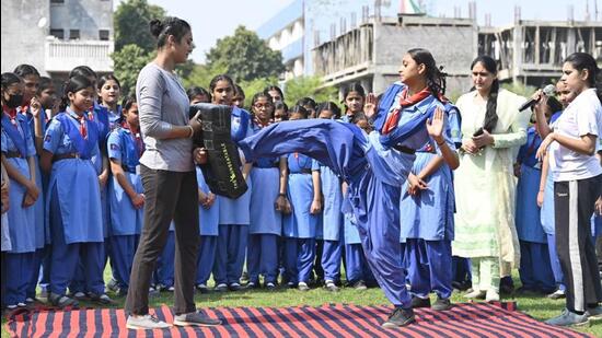 Students of the PAU Government School, Ludhiana, being trained in Krav Maga during a special session. (Gurpreet Singh/HT)