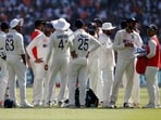 Cricket - Fourth Test - India v Australia - Narendra Modi Stadium, Ahmedabad, India - March 9, 2023 India's Rohit Sharma and teammates await for the DRS decision for the wicket of Australia's Travis Head REUTERS/Amit Dave