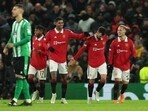 Soccer Football - Europa League - Round of 16 - First Leg - Manchester United v Real Betis - Old Trafford, Manchester, Britain - March 9, 2023 Manchester United's Bruno Fernandes celebrates scoring their third goal with Marcus Rashford and Antony REUTERS/Phil Noble