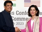 Union Minister of Commerce and Industry Piyush Goyal exchanges greetings with the United States (US) Secretary of Commerce Gina Raimondo at a joint press conference, in New Delhi on Friday. (ANI) Union Minister of Commerce and Industry Piyush Goyal exchanges greetings with the United States (US) Secretary of Commerce Gina Raimondo at a joint press conference, in New Delhi on Friday. (ANI)