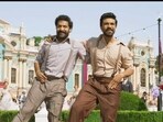 Jr NTR and Ram Charan in a still from RRR song Naatu Naatu. Jr NTR and Ram Charan in a still from RRR song Naatu Naatu.
