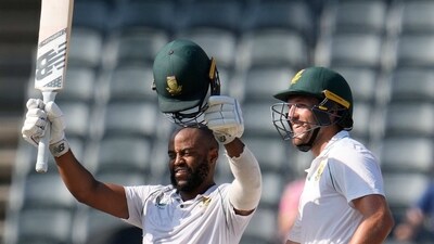 South Africa captain Temba Bavuma celebrates his century with Wiaan Mulder (AP) South Africa captain Temba Bavuma celebrates his century with Wiaan Mulder (AP)