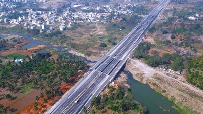 The 118-km expressway, built at the cost of ₹8,408 crore, will reduce travel time between Bengaluru and Mysuru from 3.5 hours to around 1.5 hours. (Droneman) The 118-km expressway, built at the cost of ₹8,408 crore, will reduce travel time between Bengaluru and Mysuru from 3.5 hours to around 1.5 hours. (Droneman)