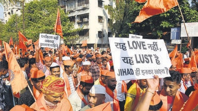 Navi Mumbai, India - Feb. 26, 2023:Jan Akroshk Morcha by Hindu Sakl Samaj in protest against Love and Land Jihad held at Vashi in Navi Mumbai in Navi Mumbai, India, on Sunday, February 26, 2023. (Photo by Bachchan Kumar/ HT PHOTO) (HT PHOTO) Navi Mumbai, India - Feb. 26, 2023:Jan Akroshk Morcha by Hindu Sakl Samaj in protest against Love and Land Jihad held at Vashi in Navi Mumbai in Navi Mumbai, India, on Sunday, February 26, 2023. (Photo by Bachchan Kumar/ HT PHOTO) (HT PHOTO)