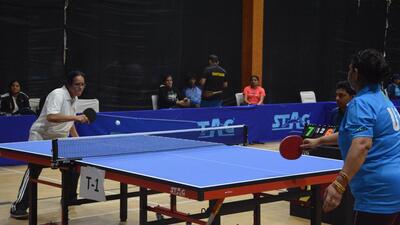 Players in action at the All India Forest Sports Meet at the Tau Devi Lal Stadium in Panchkula. (Sant Arora/HT)