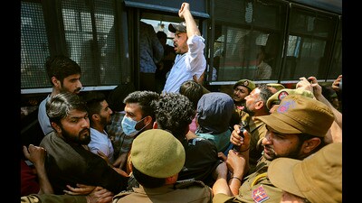 Police detain protesters in Jammu on Thursday. (PTI) Police detain protesters in Jammu on Thursday. (PTI)
