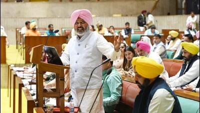 Punjab finance minister Harpal Singh Cheema presenting the budget for 2023-24 as chief minister Bhagwant Mann looks on in the Vidhan Sabha in Chandigarh on Friday. (Ravi Kumar/HT) Punjab finance minister Harpal Singh Cheema presenting the budget for 2023-24 as chief minister Bhagwant Mann looks on in the Vidhan Sabha in Chandigarh on Friday. (Ravi Kumar/HT)