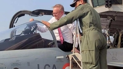 Australian PM Anthony Albanese in a Tejas-M fighter onboard INS Vikrant on Thursday Australian PM Anthony Albanese in a Tejas-M fighter onboard INS Vikrant on Thursday