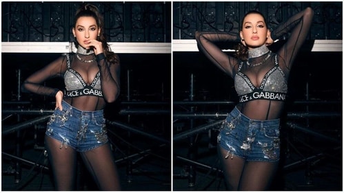 Nora Fatehi look smoking hot in a silver sequin bralette and safety pic design denim shorts (Instagram/norafatehi ) Nora Fatehi look smoking hot in a silver sequin bralette and safety pic design denim shorts (Instagram/norafatehi )