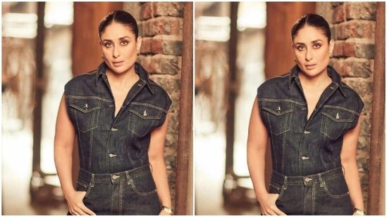 Kareena decked up in a blue denim sleeveless shirt with collars and pockets on both sides. She further tucked it inside a pair of matching blue denim trousers as she aced the look.&nbsp;(Instagram/@kareenakapoorkhan)